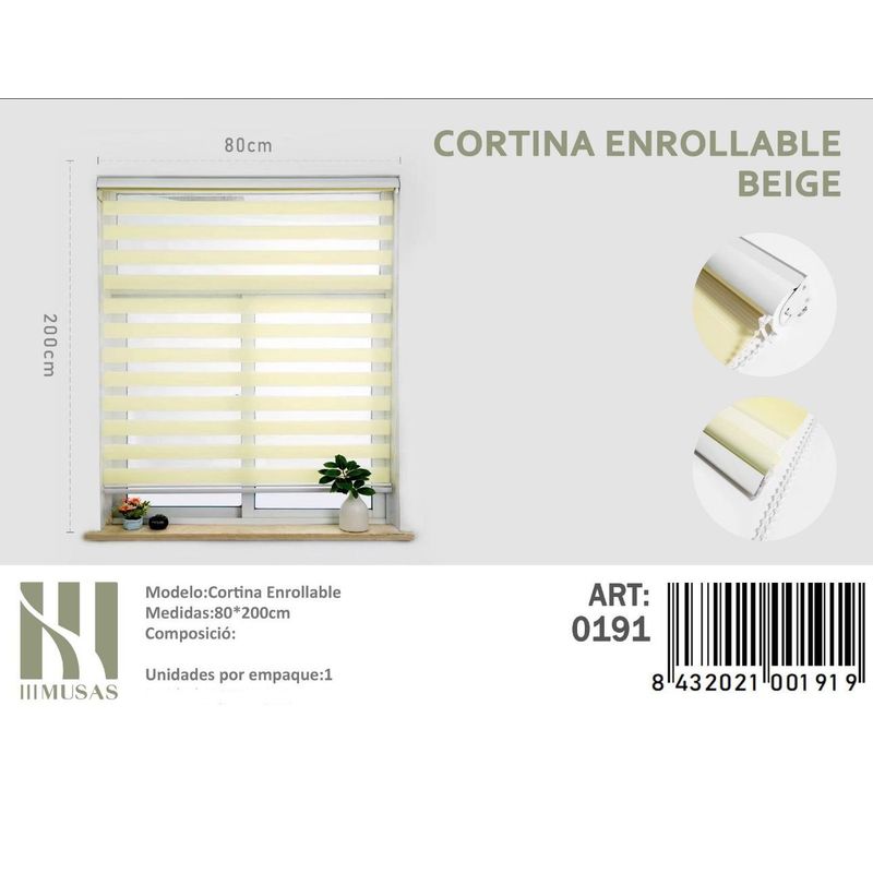 ANGELES DEL HOGAR - Cortina Roller Duo Lisa  80 cm x 200 cm Beige