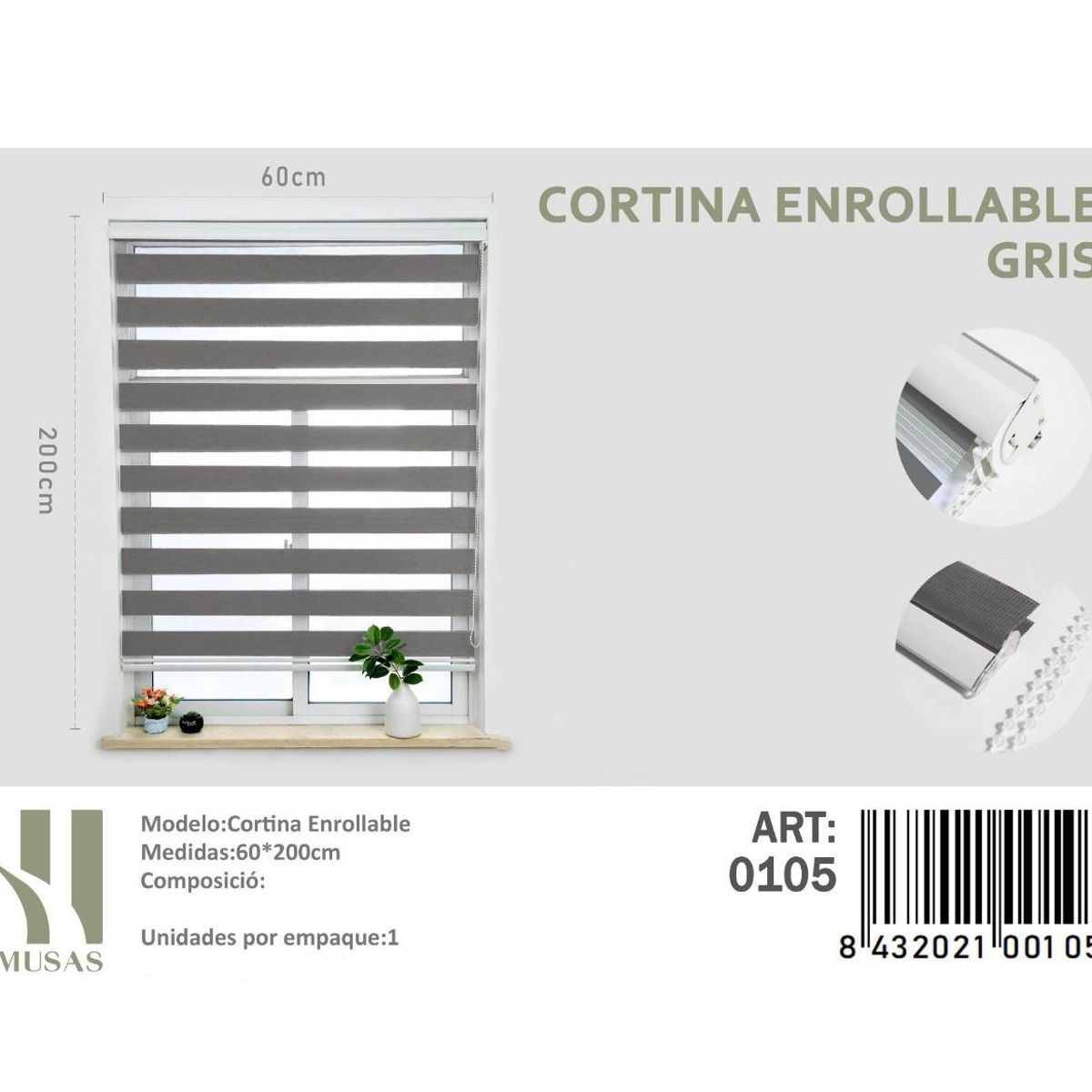 ANGELES DEL HOGAR - Cortina Roller Duo Lisa  60 cm x 200 cm Gris