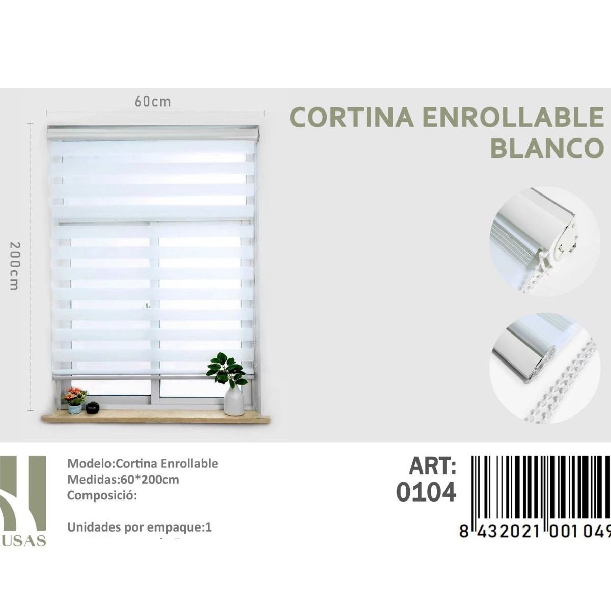 ANGELES DEL HOGAR - Cortina Roller Duo Lisa  60 cm x 200 cm Blanco