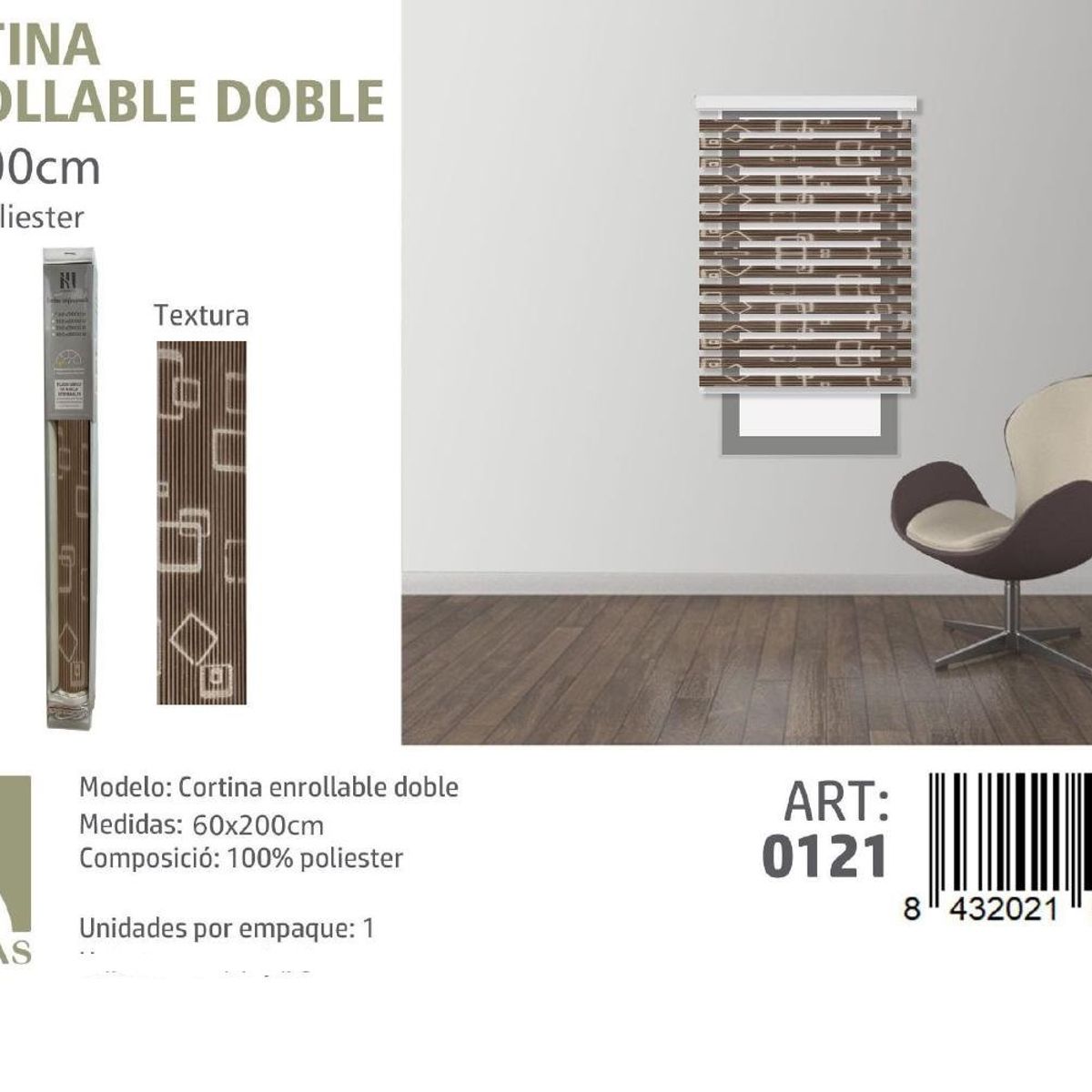 ANGELES DEL HOGAR - Cortina Roller Duo Lisa  60 cm x 200 cm Café con Diseño