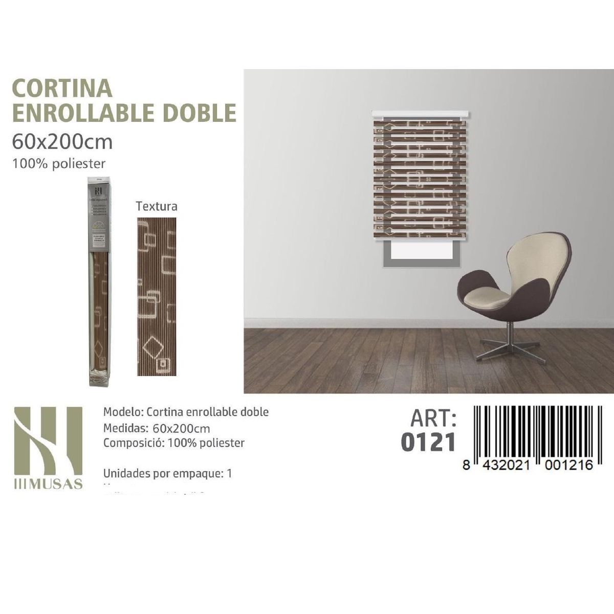 ANGELES DEL HOGAR - Cortina Roller Duo Lisa  60 cm x 200 cm Café con Diseño