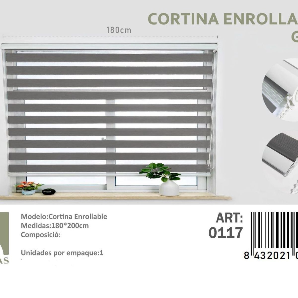ANGELES DEL HOGAR - Cortina Roller Duo Lisa 180 cm x 200 cm Gris