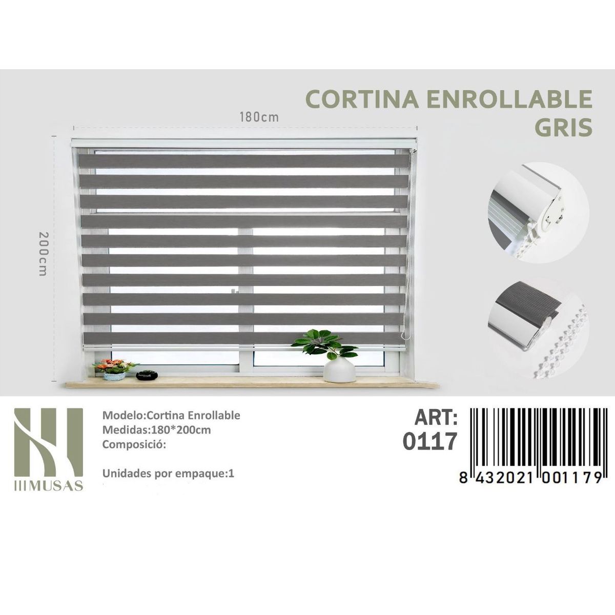 ANGELES DEL HOGAR - Cortina Roller Duo Lisa 180 cm x 200 cm Gris