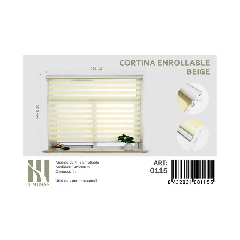 ANGELES DEL HOGAR - Cortina Roller Duo Lisa 150 cm x 200 cm Beige