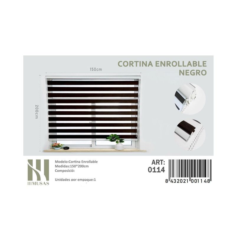 ANGELES DEL HOGAR - Cortina Roller Duo Lisa 150 cm x 200 cm Negro