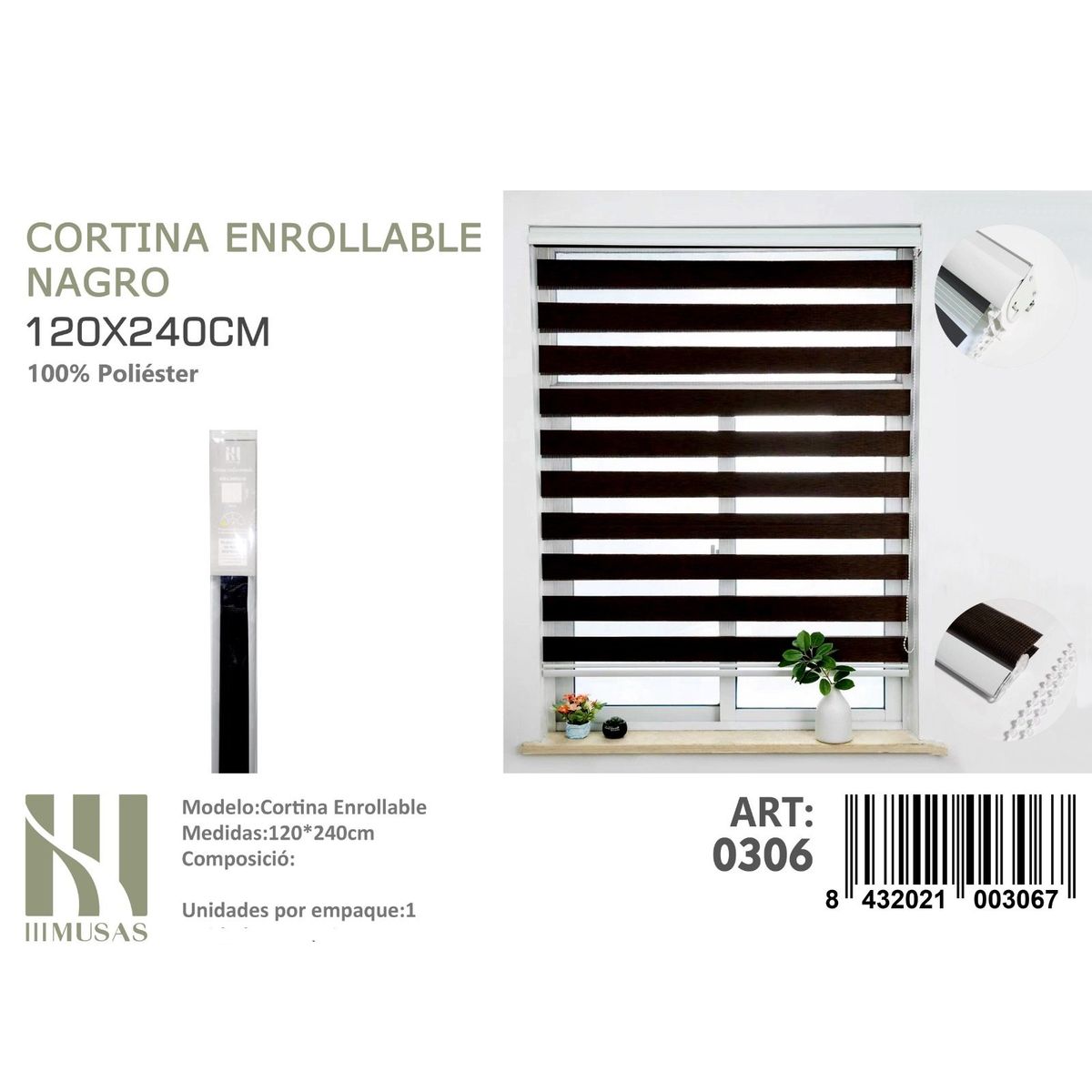 ANGELES DEL HOGAR - Cortina Roller Duo Lisa 120 cm x 240 cm Negro