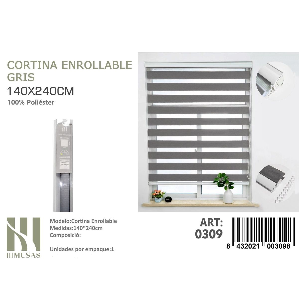 ANGELES DEL HOGAR - Cortina Roller Duo Lisa 140 cm x 240 cm Gris