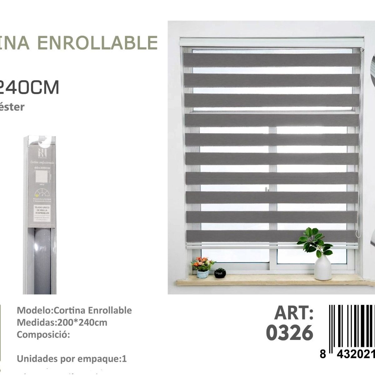 ANGELES DEL HOGAR - Cortina Roller Duo Lisa 200 cm x 240 cm Gris