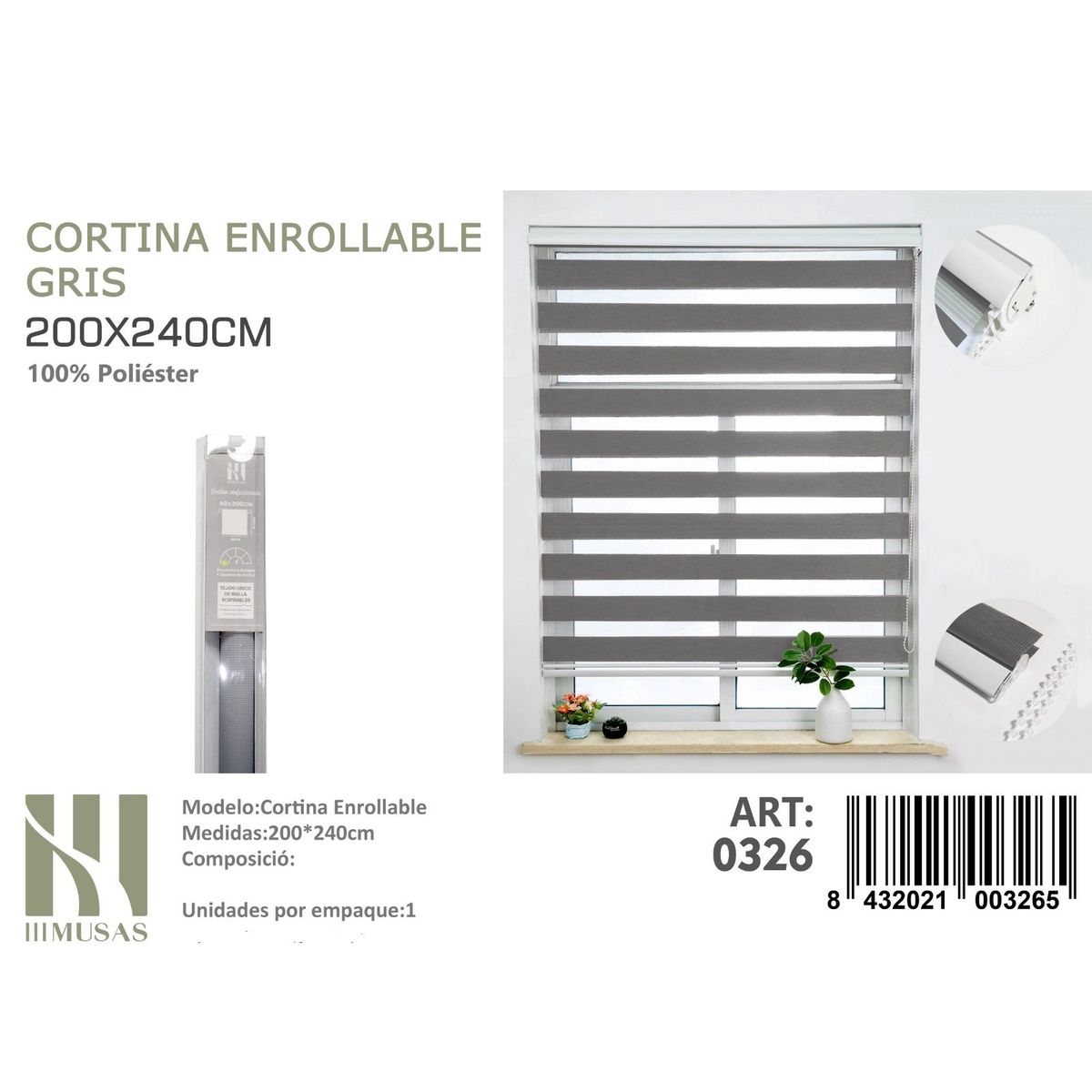 ANGELES DEL HOGAR - Cortina Roller Duo Lisa 200 cm x 240 cm Gris