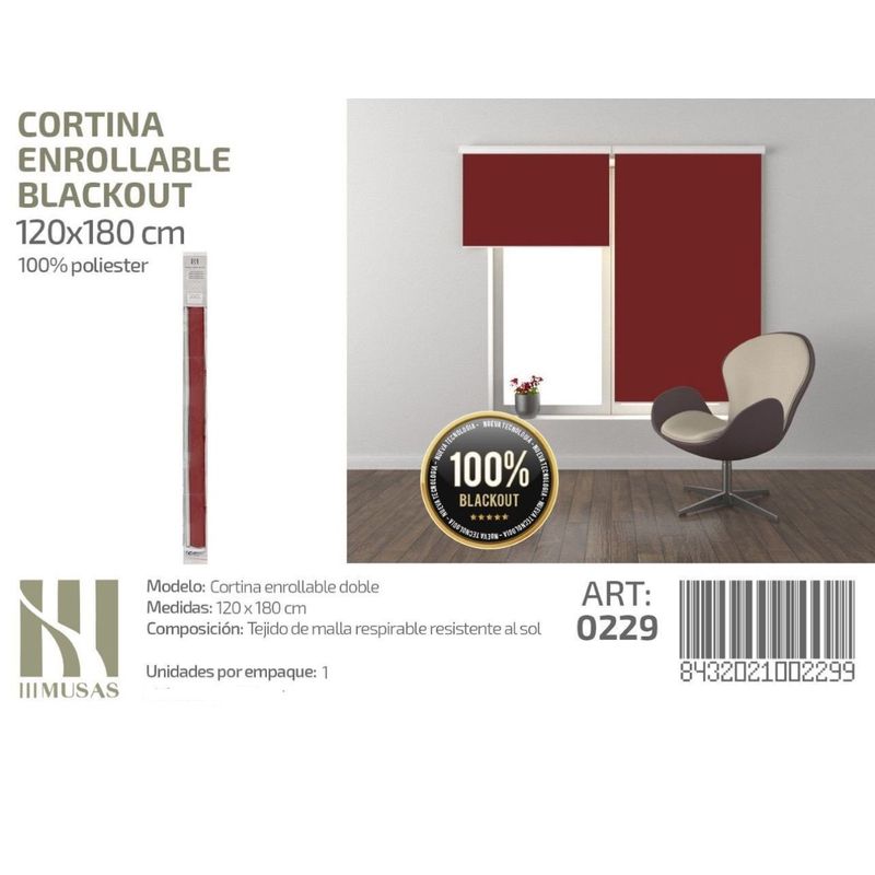 ANGELES DEL HOGAR - Cortina Roller Blackout 120 cm x 180 cm Burdeos