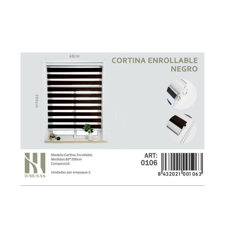 ANGELES DEL HOGAR - Cortina Roller Duo Lisa  60 cm x 200 cm Negro