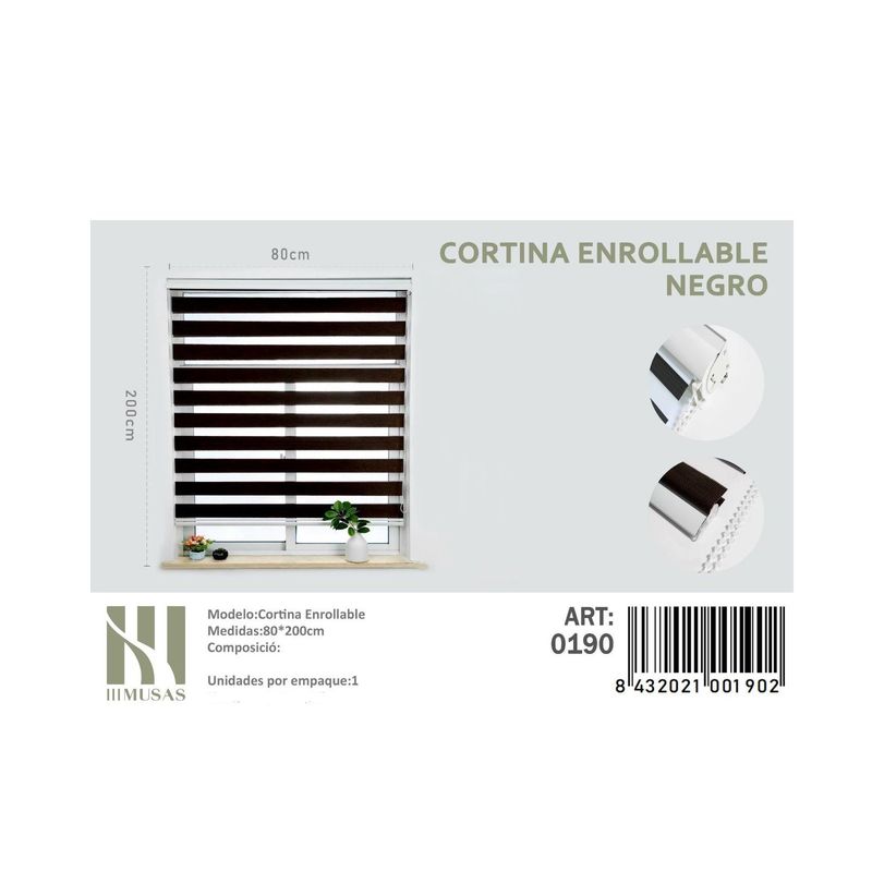 ANGELES DEL HOGAR - Cortina Roller Duo Lisa  80 cm x 200 cm Negro