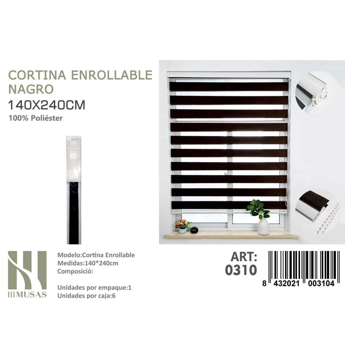 ANGELES DEL HOGAR - Cortina Roller Duo Lisa 140 cm x 240 cm Negro