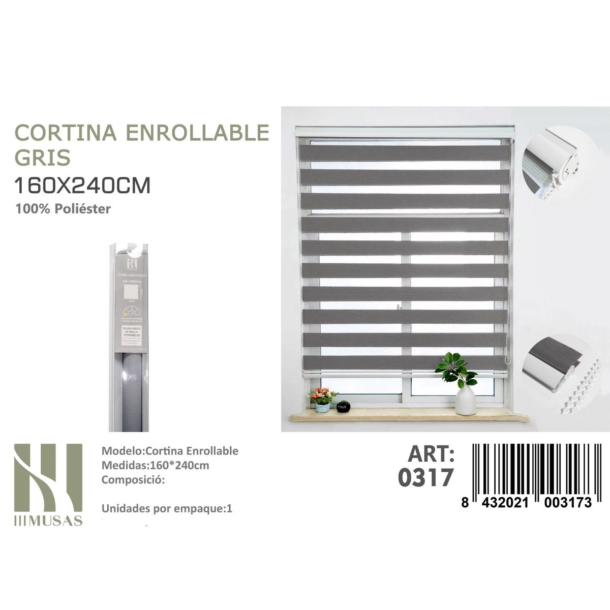 ANGELES DEL HOGAR - Cortina Roller Duo Lisa 160 cm x 240 cm Gris