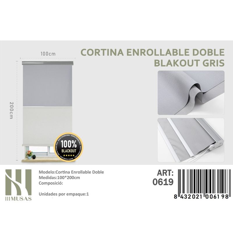ANGELES DEL HOGAR - Cortinas Roller Blackout Doble  100 cm x 200 cm Gris