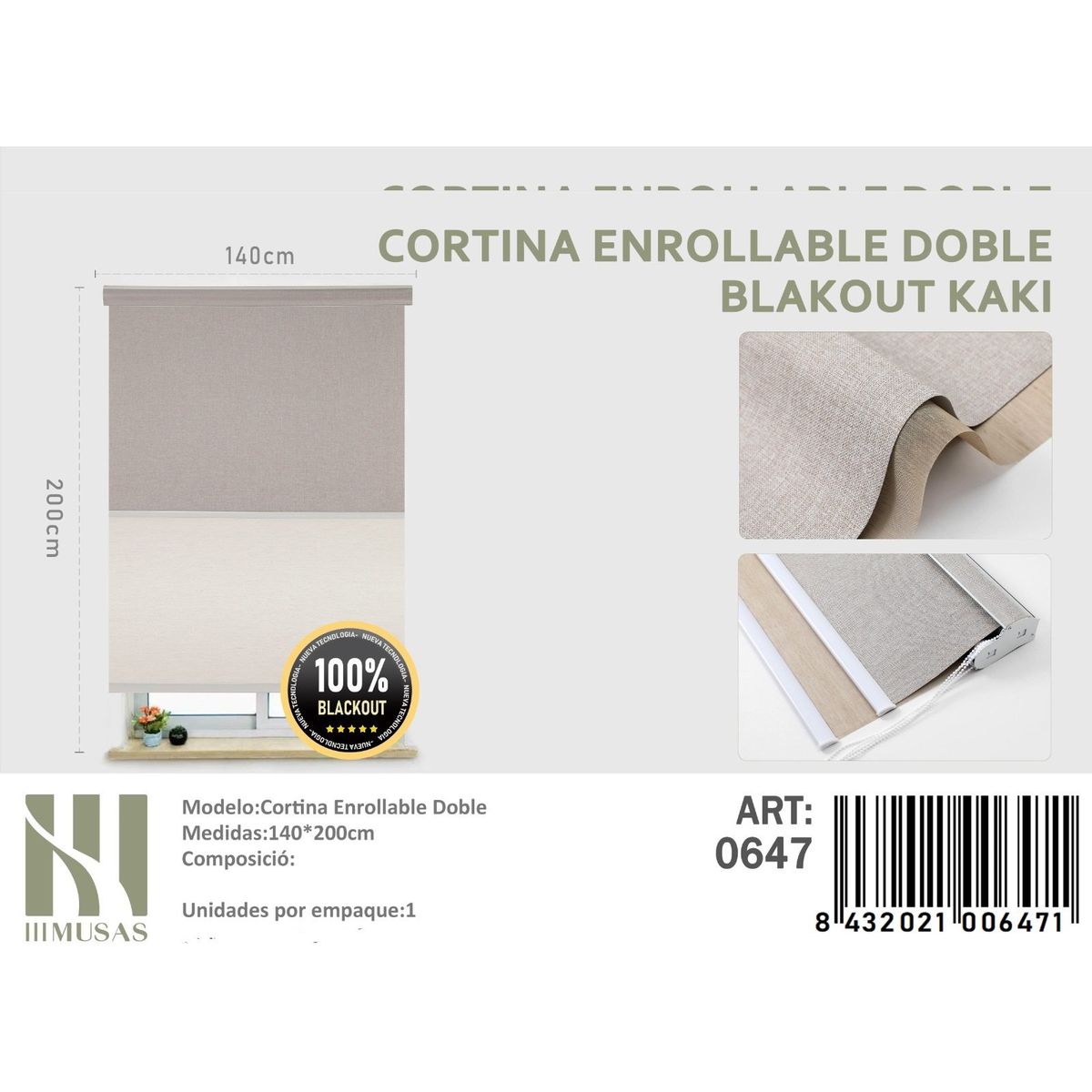 ANGELES DEL HOGAR - Cortinas Roller Blackout Doble Jaspeada  140 cm x 200 cm Kaki