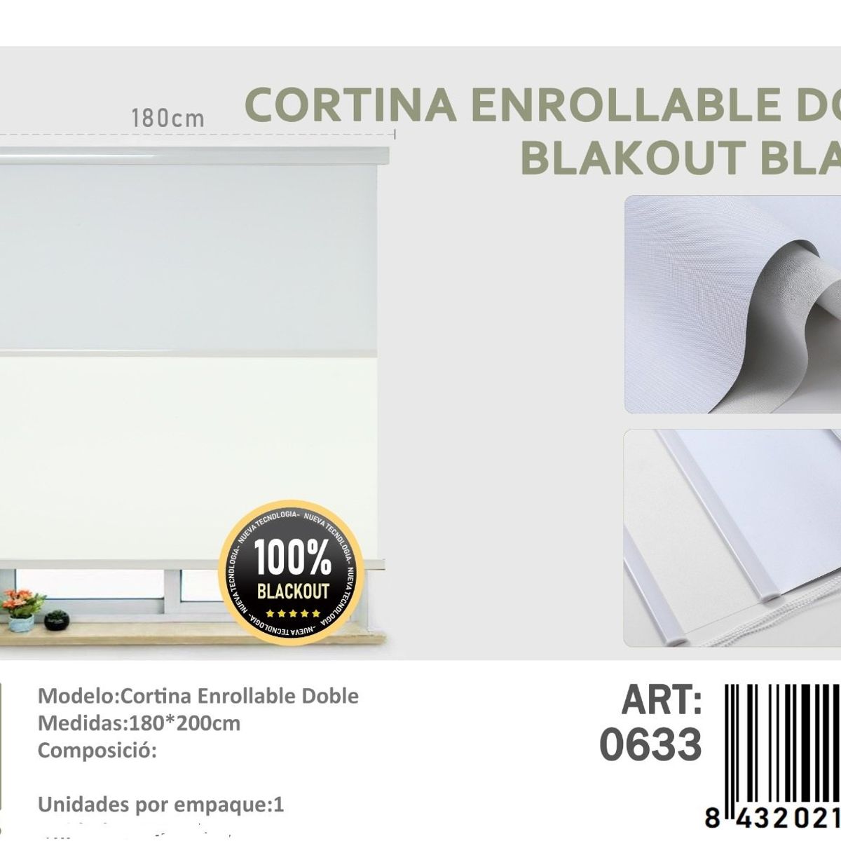 ANGELES DEL HOGAR - Cortinas Roller Blackout Doble  180 cm x 200 cm Blanco