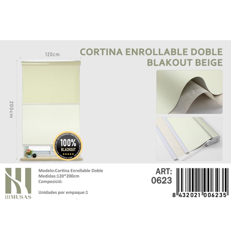 ANGELES DEL HOGAR - Cortinas Roller Blackout Doble   120 cm x 200 cm Beige