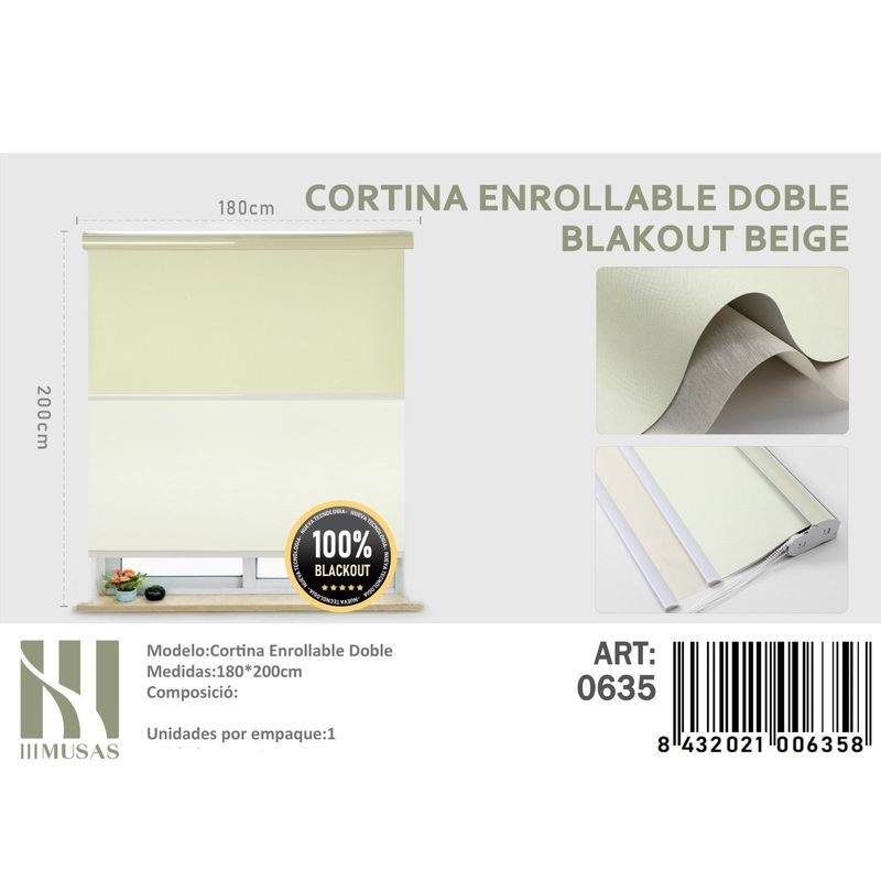 ANGELES DEL HOGAR - Cortinas Roller Blackout Doble   180 cm x 200 cm Beige