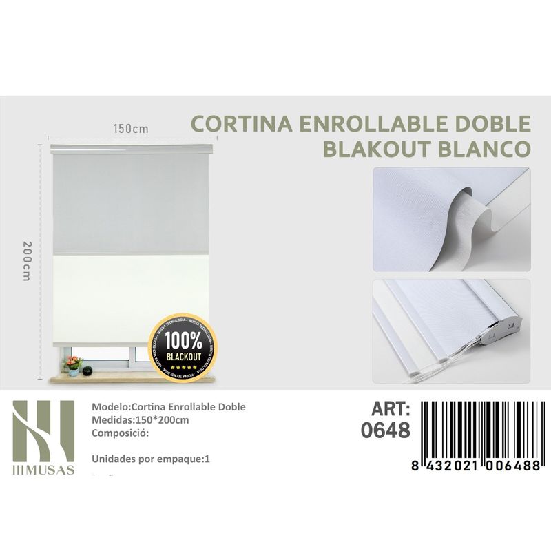 ANGELES DEL HOGAR - Cortinas Roller Blackout Doble Jaspeada  150 cm x 200 cm Blanco