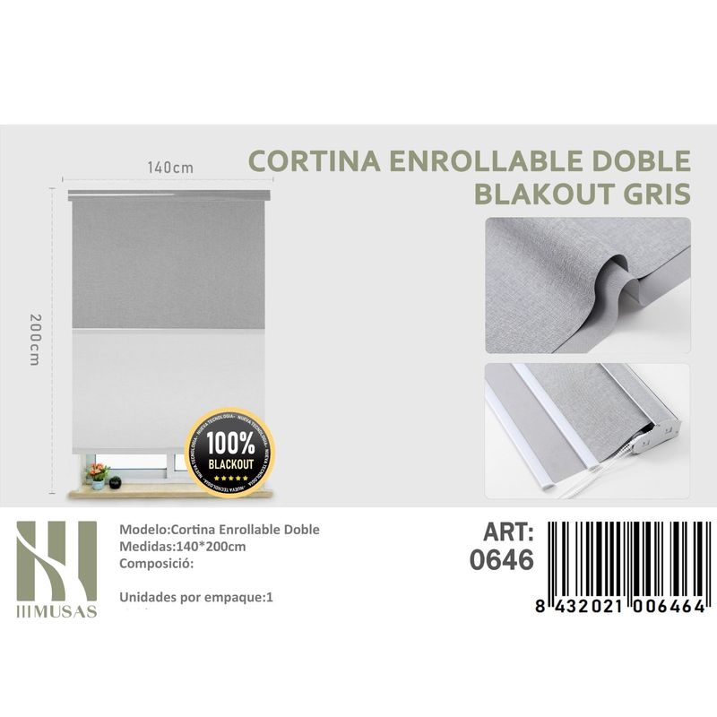 ANGELES DEL HOGAR - Cortinas Roller Blackout Doble Jaspeada  140 cm x 200 cm Gris