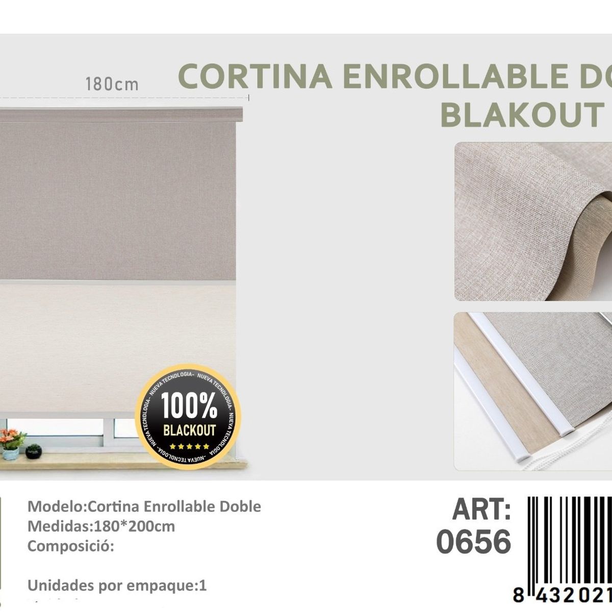 ANGELES DEL HOGAR - Cortinas Roller Blackout Doble jaspeada  180 cm x 200 cm Kaki