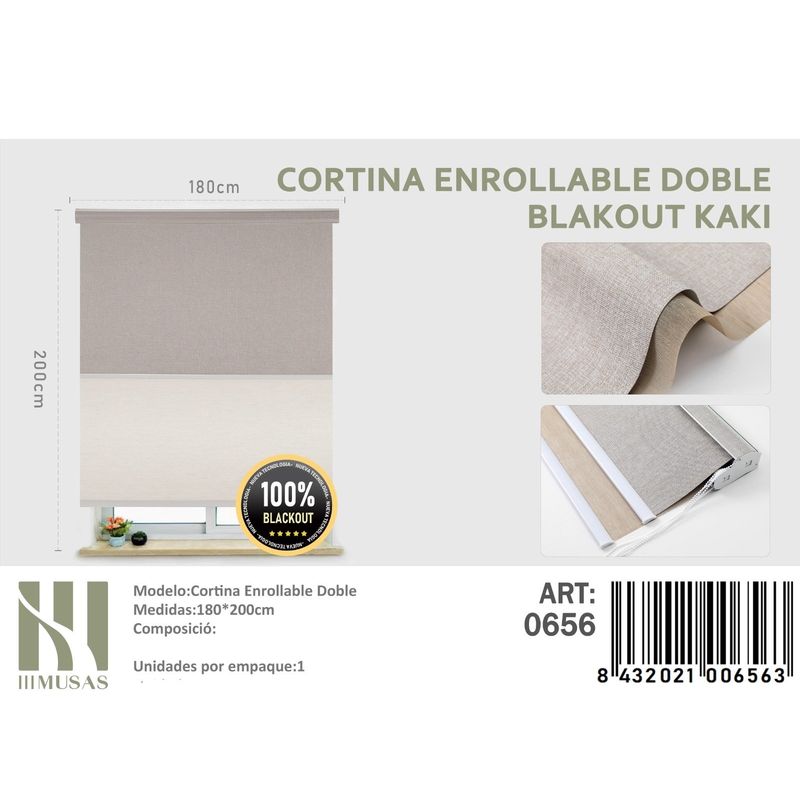 ANGELES DEL HOGAR - Cortinas Roller Blackout Doble jaspeada  180 cm x 200 cm Kaki