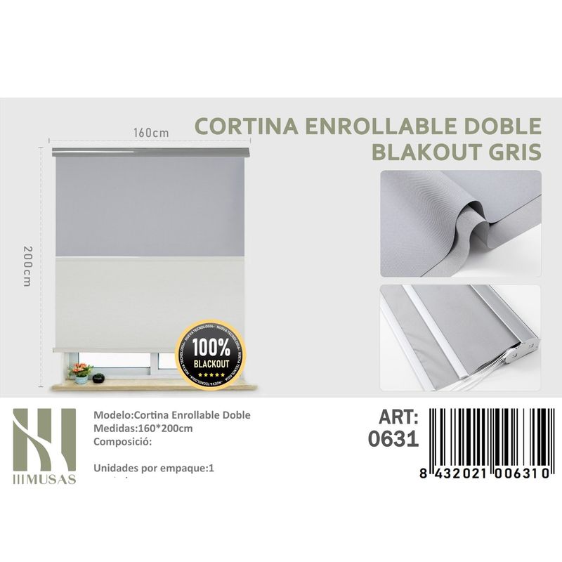 ANGELES DEL HOGAR - Cortinas Roller Blackout Doble   160 cm x 200 cm Gris
