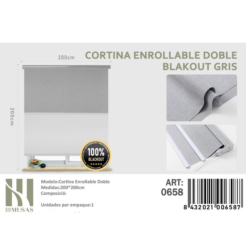 ANGELES DEL HOGAR - Cortinas Roller Blackout Doble jaspeada  200 cm x 200 cm Gris