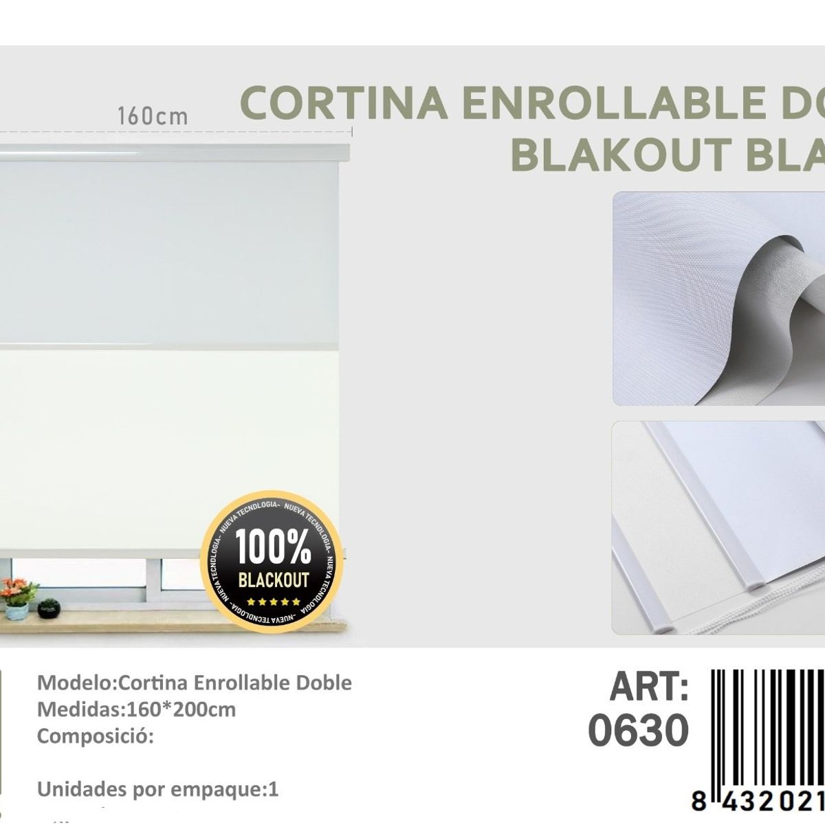 ANGELES DEL HOGAR - Cortinas Roller Blackout Doble   160 cm x 200 cm Blanco