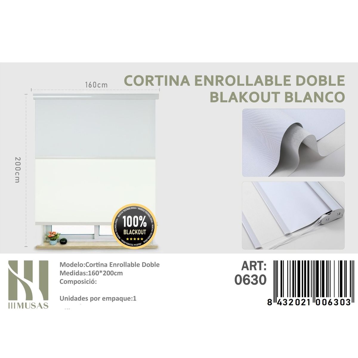 ANGELES DEL HOGAR - Cortinas Roller Blackout Doble   160 cm x 200 cm Blanco