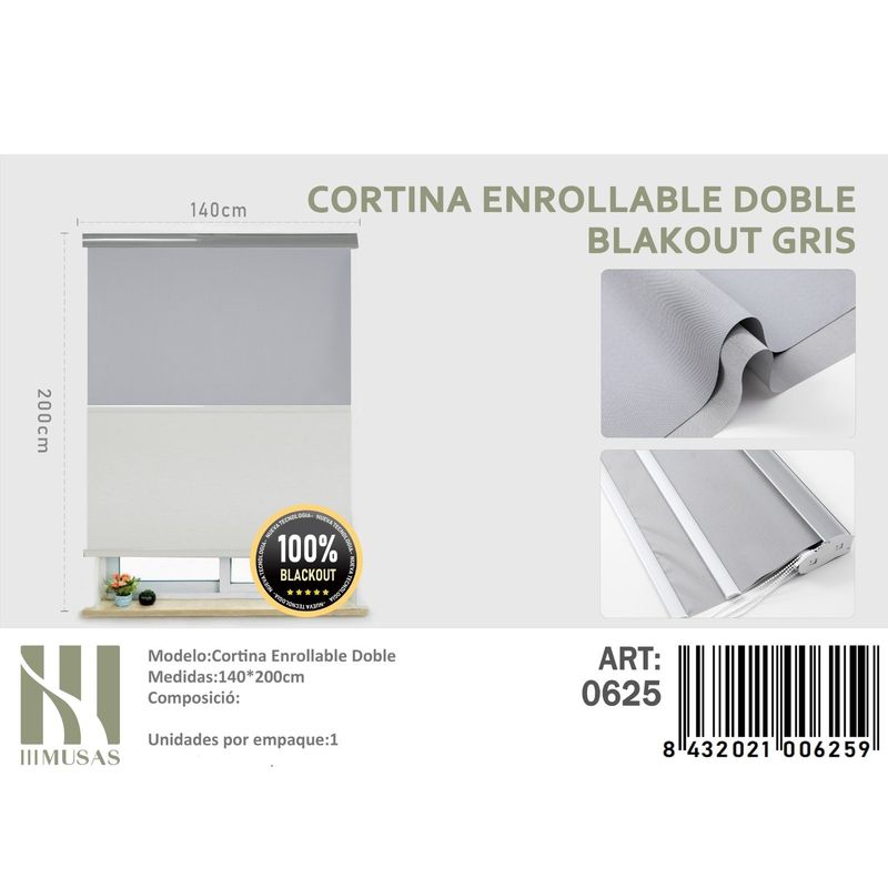 ANGELES DEL HOGAR - Cortinas Roller Blackout Doble 140 cm x 200 cm Gris