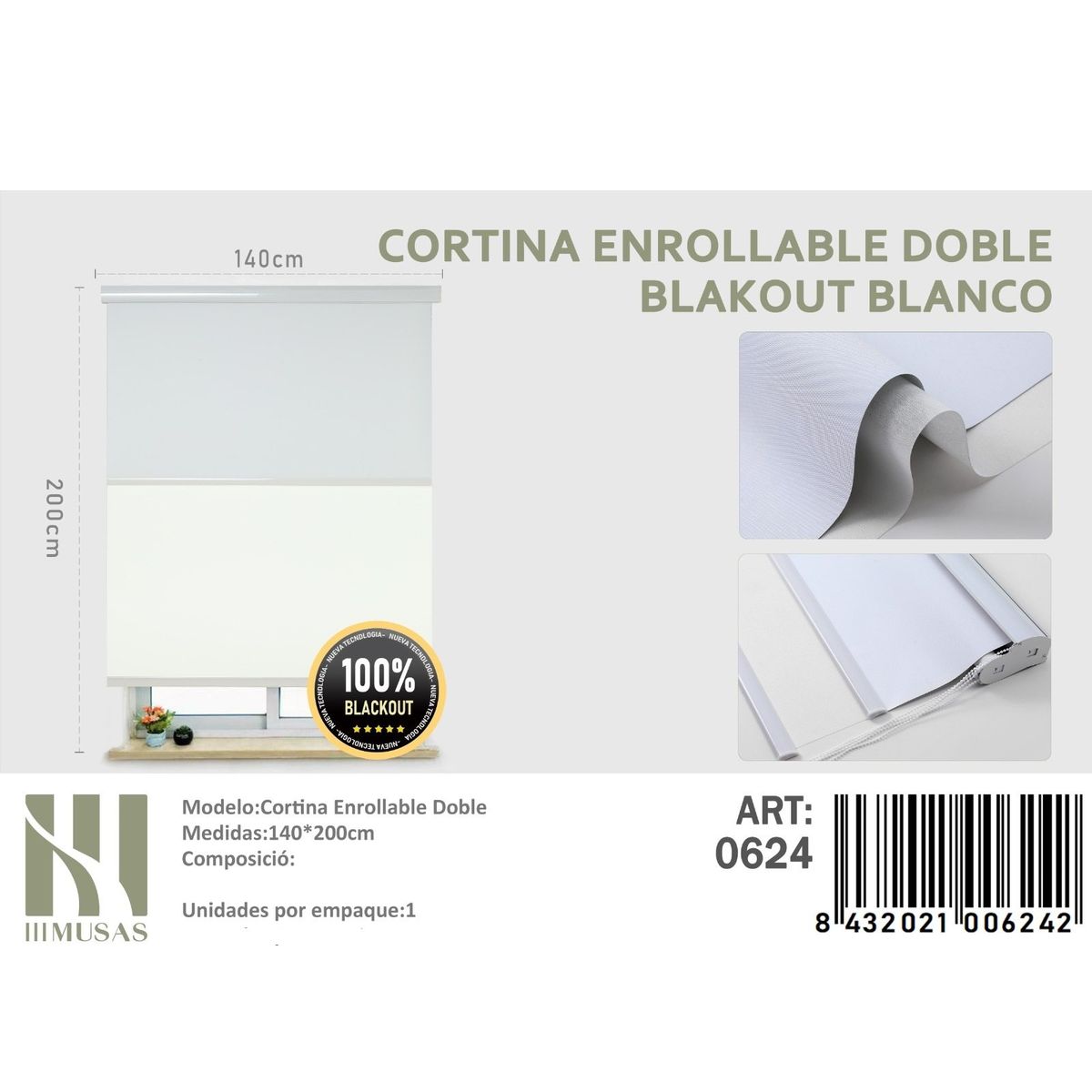 ANGELES DEL HOGAR - Cortinas Roller Blackout Doble 140 cm x 200 cm Blanco