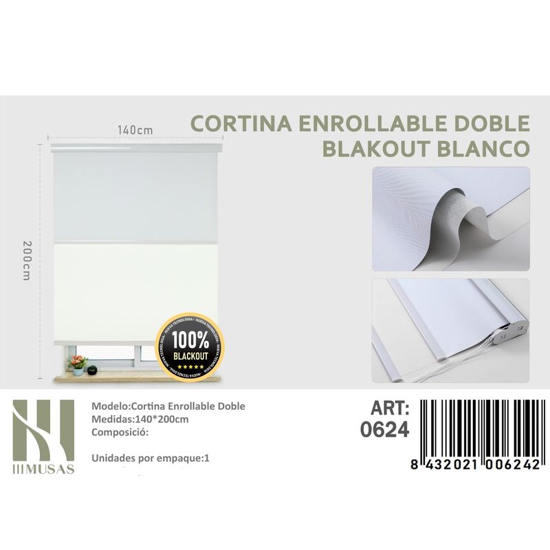 ANGELES DEL HOGAR - Cortinas Roller Blackout Doble 140 cm x 200 cm Blanco