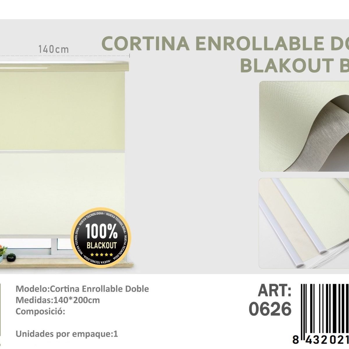 ANGELES DEL HOGAR - Cortinas Roller Blackout Doble  140 cm x 200 cm Beige