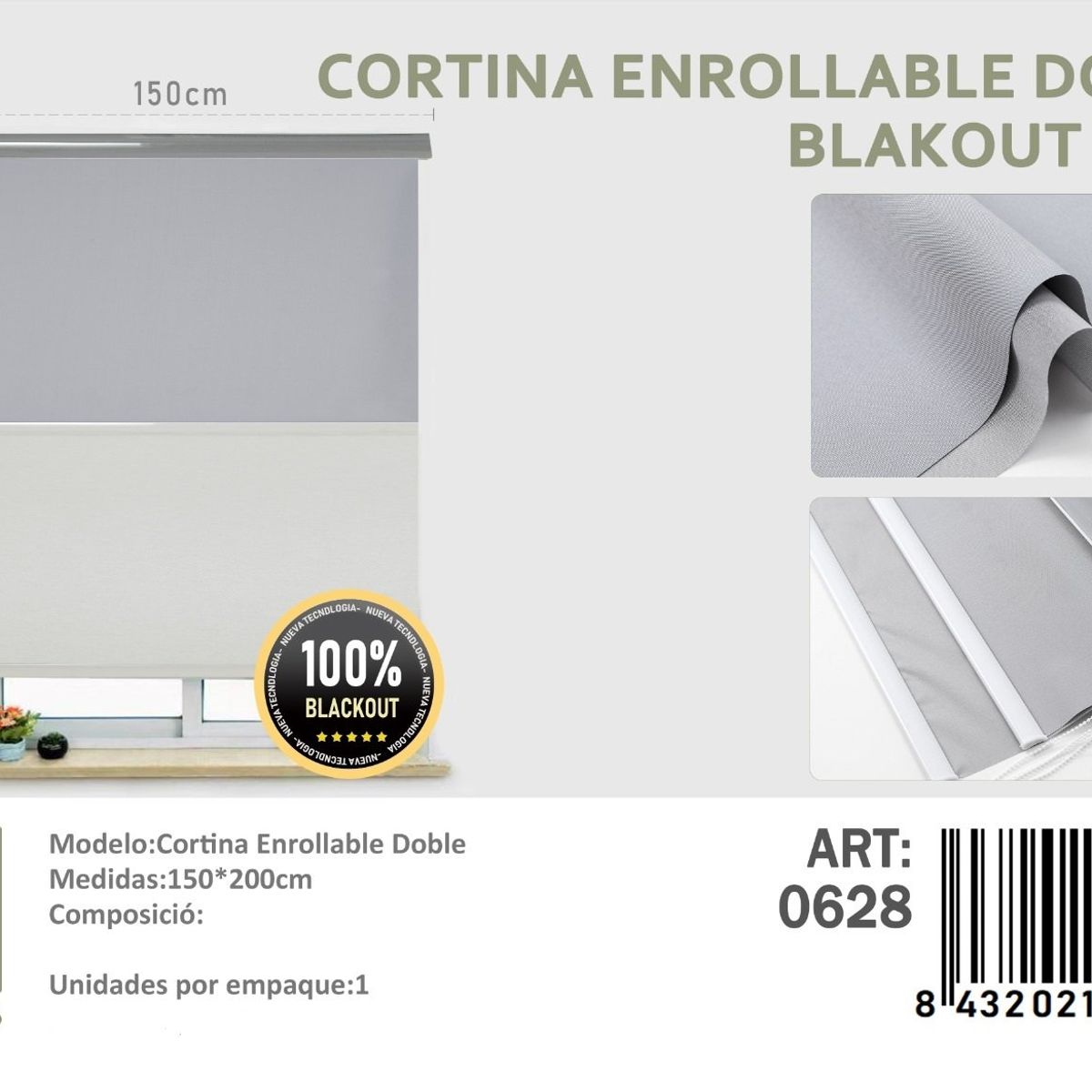 ANGELES DEL HOGAR - Cortinas Roller Blackout Doble  150 cm x 200 cm Gris