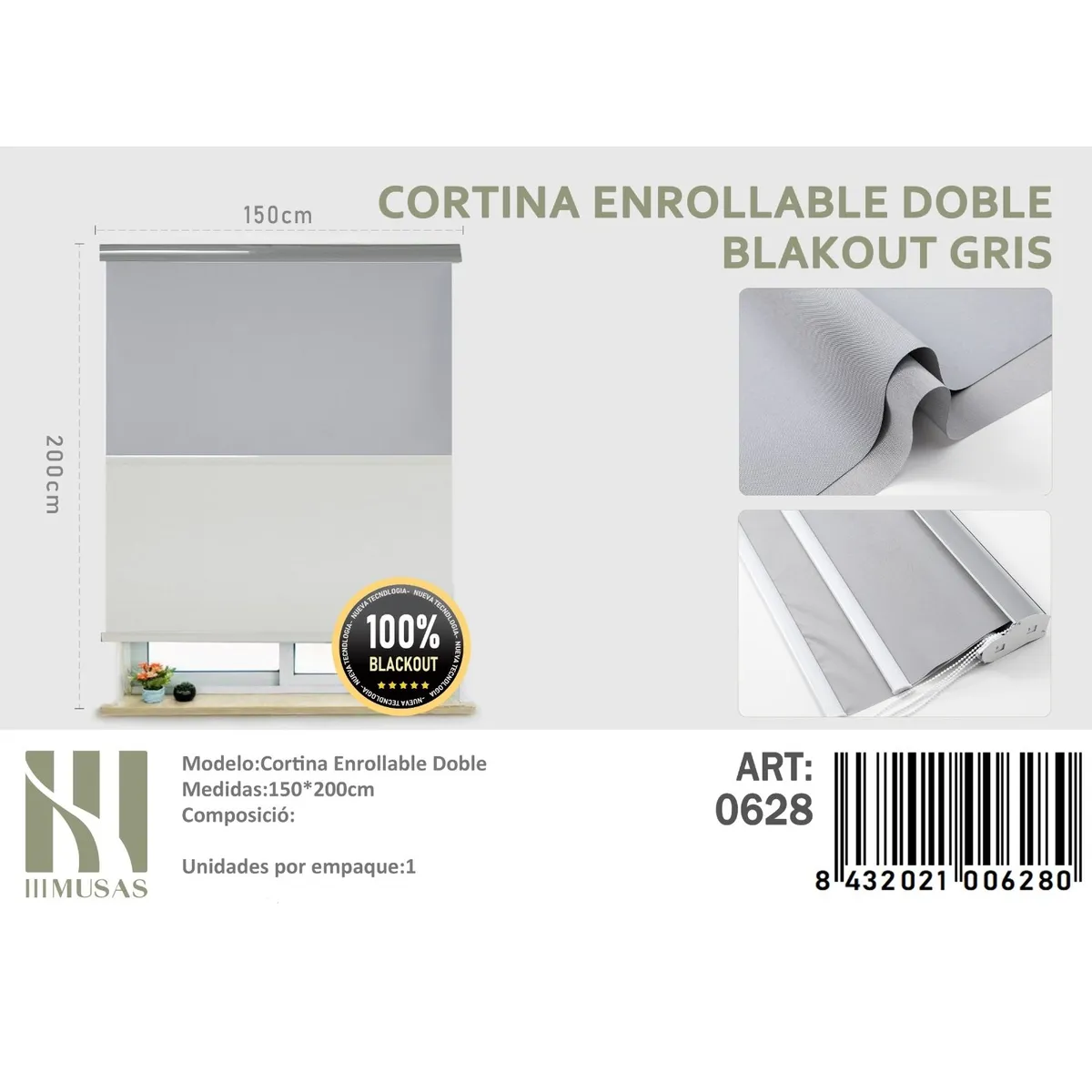 ANGELES DEL HOGAR - Cortinas Roller Blackout Doble  150 cm x 200 cm Gris