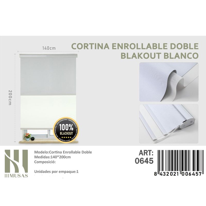 ANGELES DEL HOGAR - Cortinas Roller Blackout Doble Jaspeada  140 cm x 200 cm Blanco