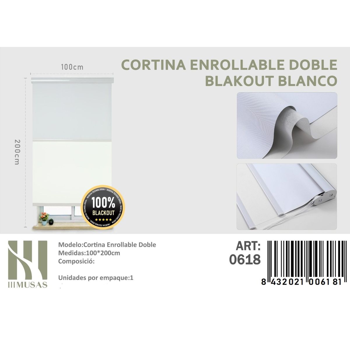 ANGELES DEL HOGAR - Cortinas Roller Blackout Doble  100 cm x 200 cm Blanco