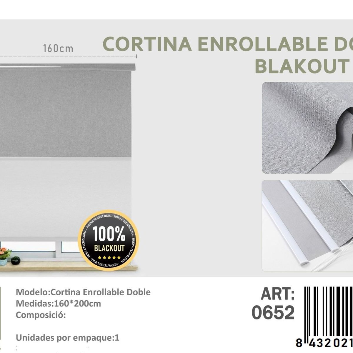 ANGELES DEL HOGAR - Cortinas Roller Blackout Doble Jaspeada  160 cm x 200 cm Gris