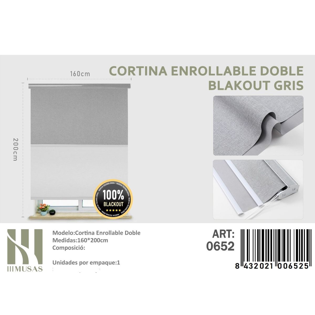 ANGELES DEL HOGAR - Cortinas Roller Blackout Doble Jaspeada  160 cm x 200 cm Gris