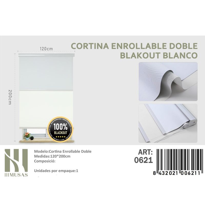 ANGELES DEL HOGAR - Cortinas Roller Blackout Doble   120 cm x 200 cm Blanco