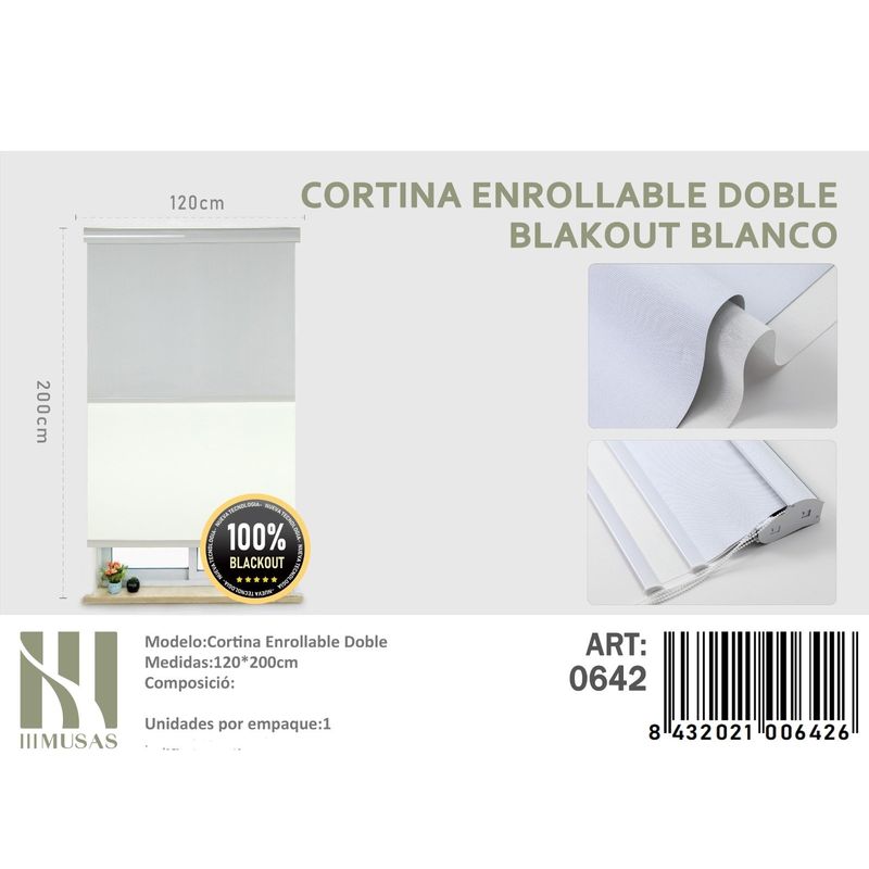 ANGELES DEL HOGAR - Cortinas Roller Blackout Doble Jaspeada  120 cm x 200 cm Blanco