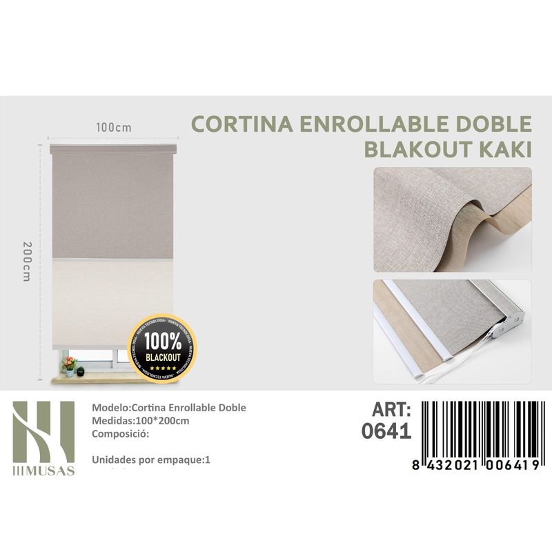 ANGELES DEL HOGAR - Cortinas Roller Blackout Doble jaspeada  100 cm x 200 cm Kaki
