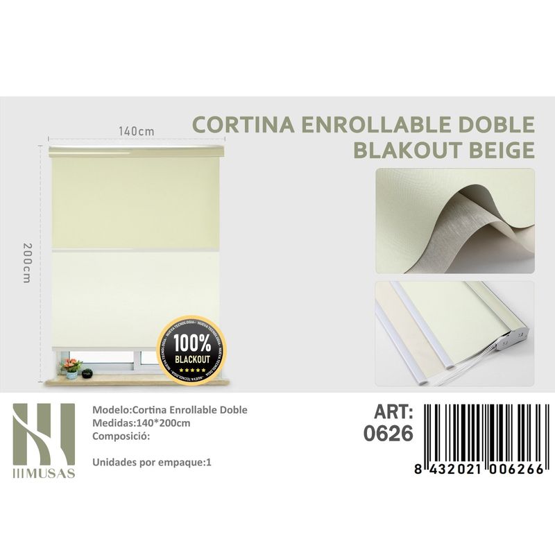 ANGELES DEL HOGAR - Cortinas Roller Blackout Doble  140 cm x 200 cm Beige