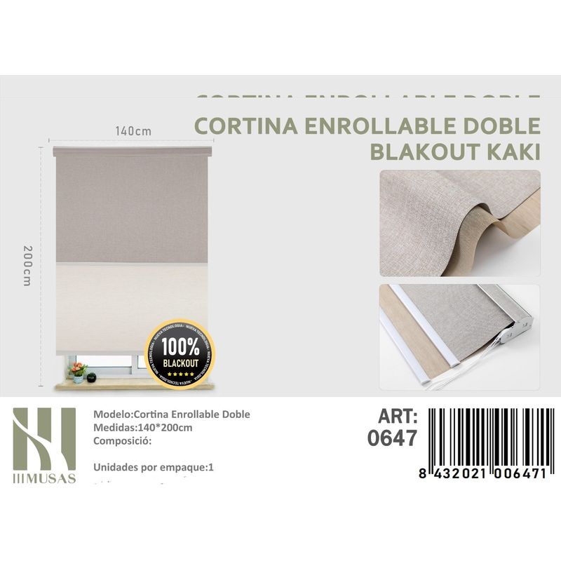 ANGELES DEL HOGAR - Cortinas Roller Blackout Doble Jaspeada  140 cm x 200 cm Kaki