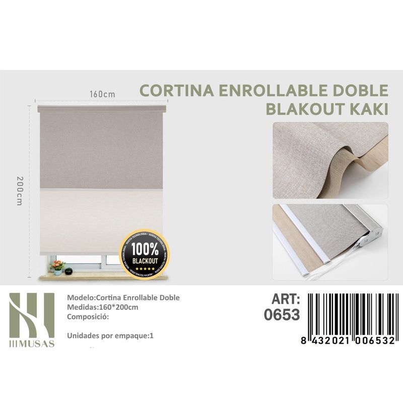 ANGELES DEL HOGAR - Cortinas Roller Blackout Doble Jaspeada  160 cm x 200 cm Kaki