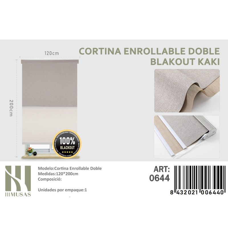 ANGELES DEL HOGAR - Cortinas Roller Blackout Doble Jaspeada  120 cm x 200 cm Kaki