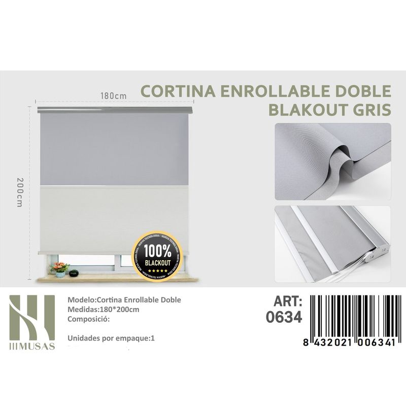 ANGELES DEL HOGAR - Cortinas Roller Blackout Doble   180 cm x 200 cm Gris
