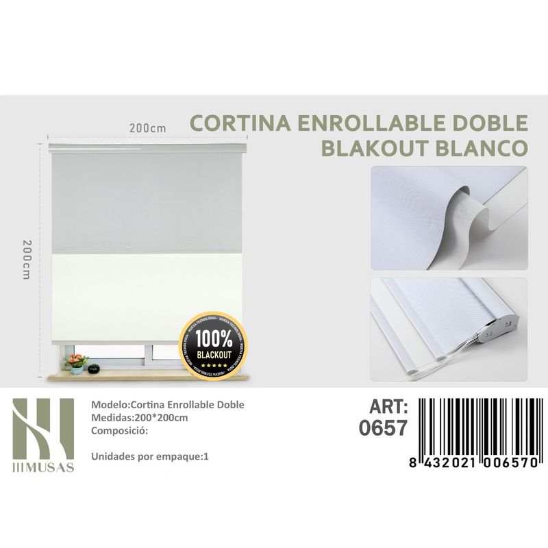 ANGELES DEL HOGAR - Cortinas Roller Blackout Doble jaspeada  200 cm x 200 cm Blanco